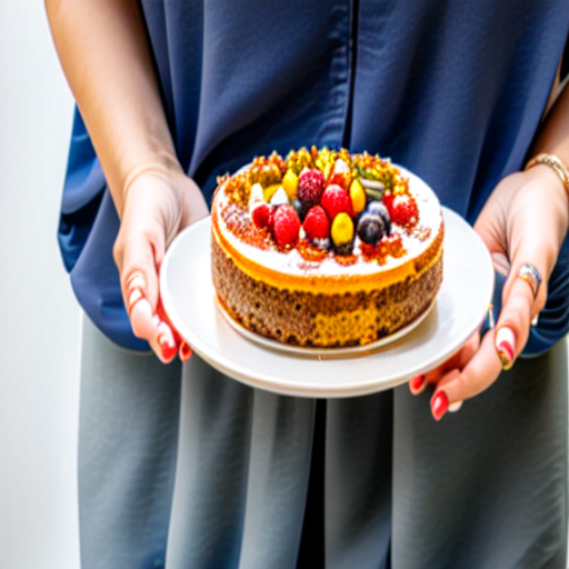 065_a woman holding a plate of cake in her hand.png